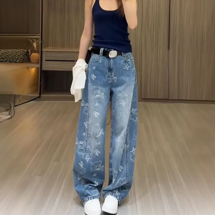蓝色蝴蝶提花弯刀牛仔裤裤女2025夏季新款高腰宽松显瘦百搭阔腿裤