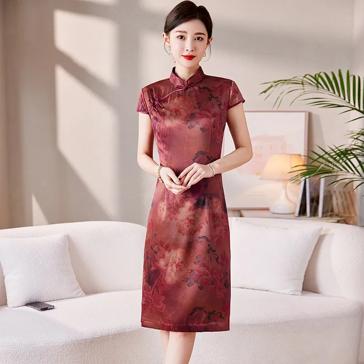 红色中长桑蚕丝旗袍真丝夏季新款高档短袖立领新中式婚礼服连衣裙