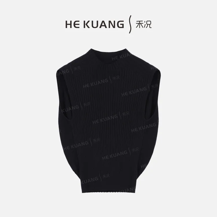 禾况HEKUANG【兜财T】针织坎肩袖气质竖条纹黑色上衣 X652 0328