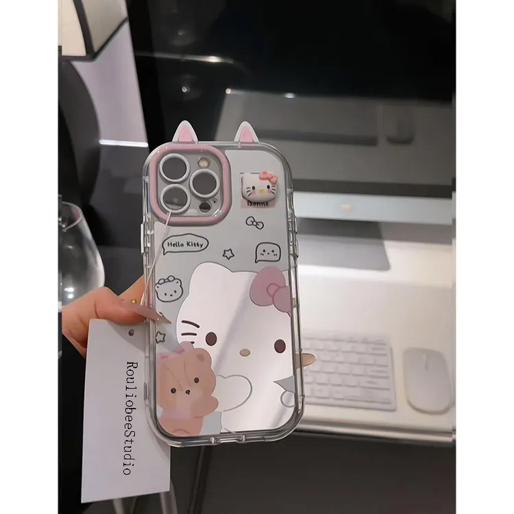 BANCA抱抱熊镂空kitty适用苹果16镜面奶油手机壳华为oppo小米vivo