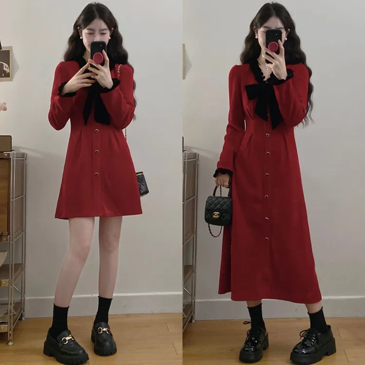 大码胖mm红色v领收腰连衣裙小香风圣诞裙法式蝴蝶结打底a字裙子女