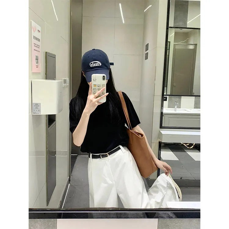 黑色正肩短袖t恤收腰短款针织上衣阔腿休闲裤百搭显瘦长裤子春夏