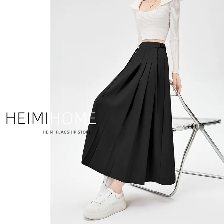 气质黑色半身裙女春秋季设计感不规则系带百褶裙高腰显瘦西装长裙