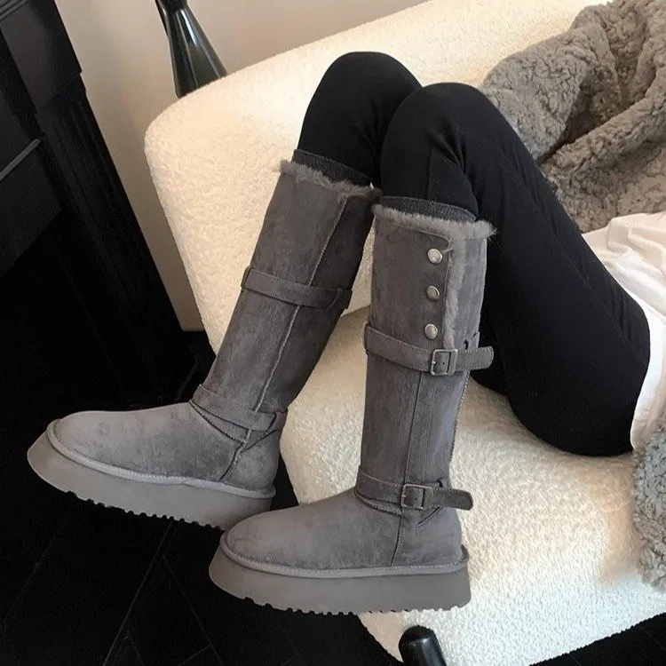 灰色长筒雪地靴女2025冬季新款厚底中筒加绒东北棉鞋保暖高筒靴子