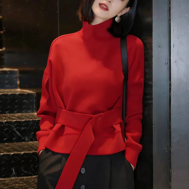 红色高领卫衣女2025秋冬新款时尚高级感系带收腰显瘦加厚长袖上衣