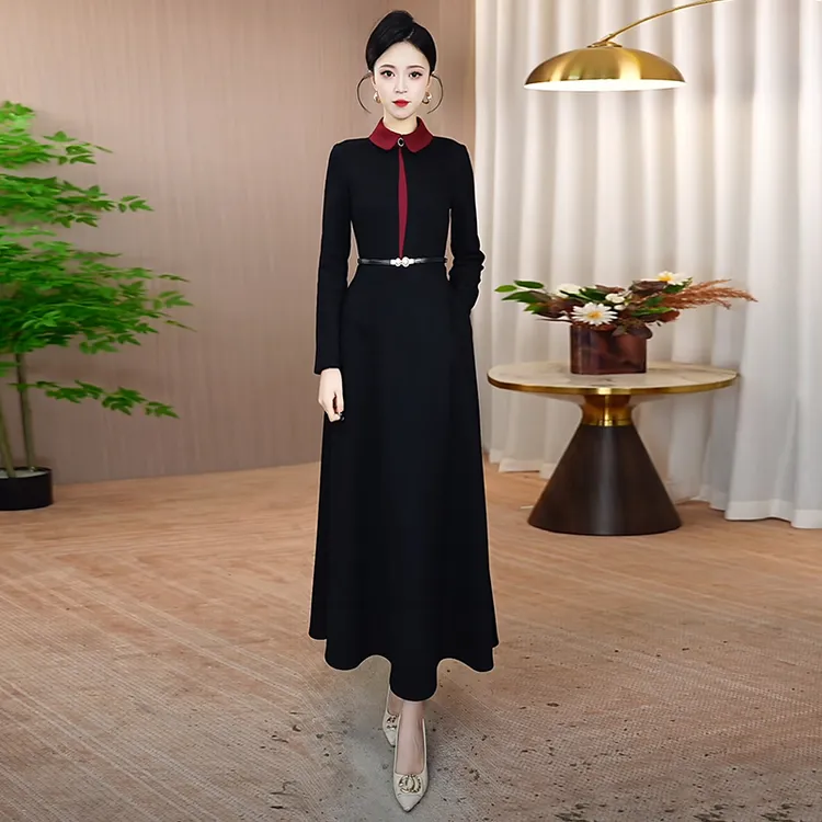 秋冬加厚连衣裙女2025秋季新款拼接显瘦气质裙子收腰长袖优雅长裙