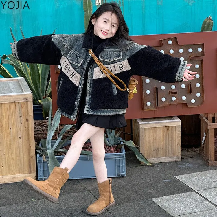 女童冬季加绒牛仔羊羔毛拼接外套2025新款女大童韩版复古儿童上衣