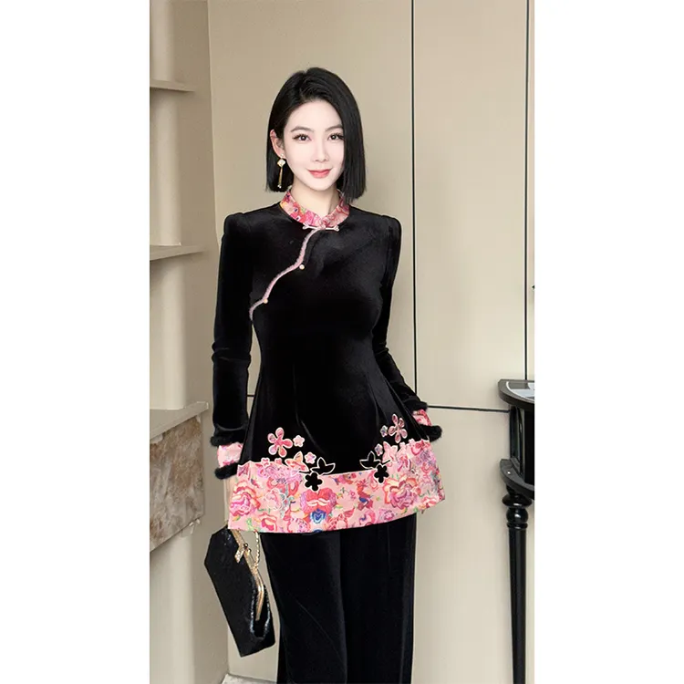 格娜新中式国风丝绒套装秋冬黑色显瘦气质不撞款原创显贵两件套