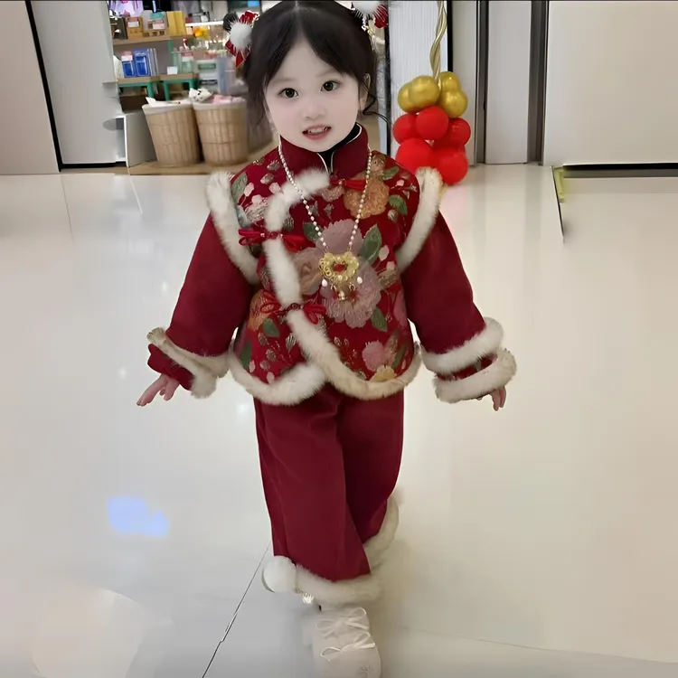 拜年服女童汉服冬季儿童国风套装宝宝周岁礼服女孩过新年喜庆衣服