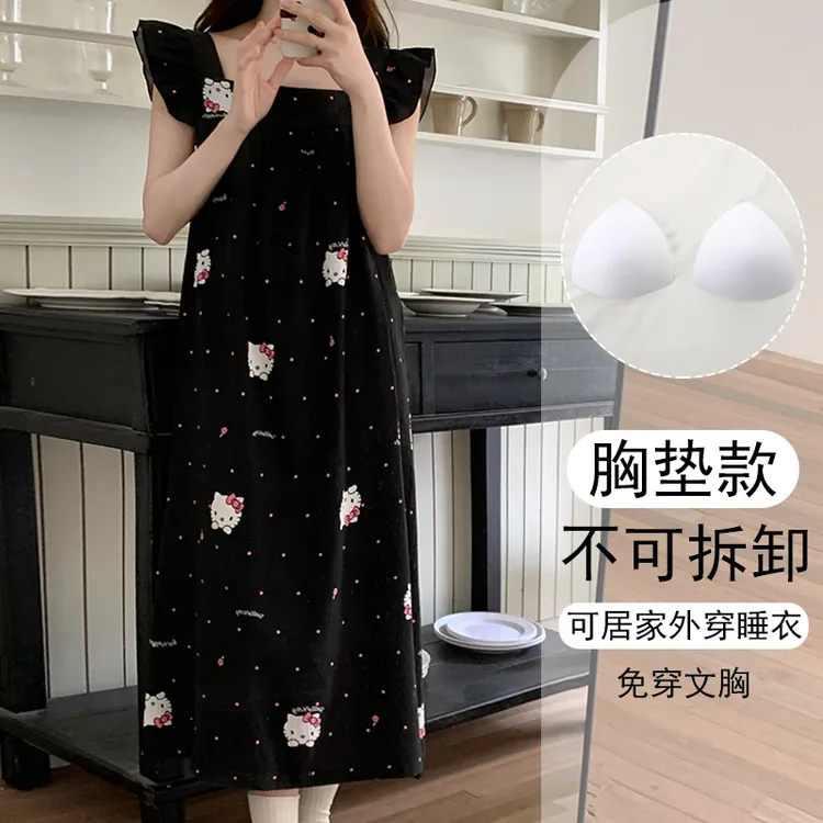 夏季睡衣女款爆款2025新款大码可爱带胸垫小飞袖可外穿睡裙家居服