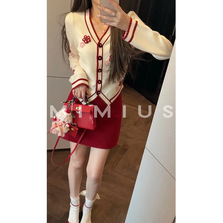 【mimius】P 26早春羊毛撞色小樱花刺绣开衫 WG11132