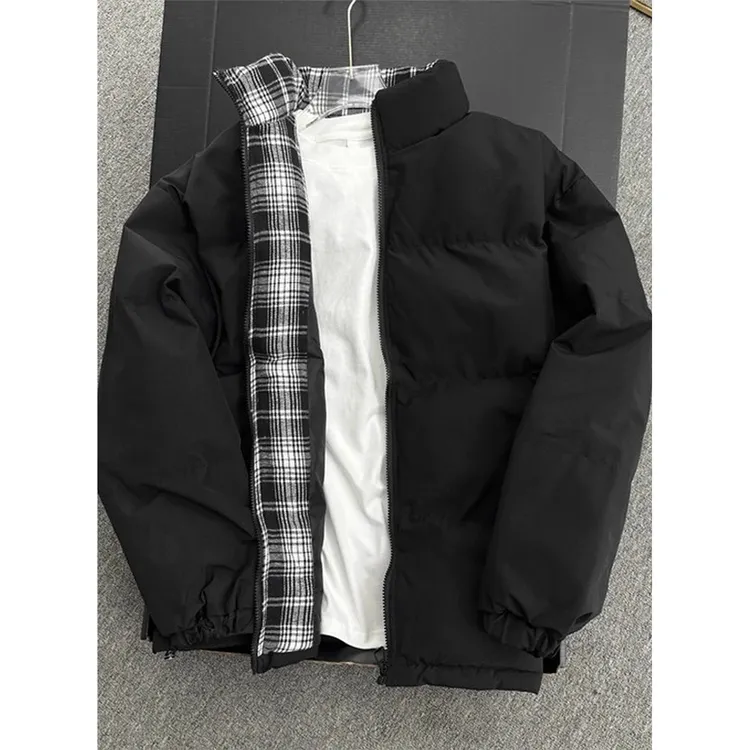 美式百搭棉服男款冬季格子拼接立领面包服双拼色男生冬季棉服爆款