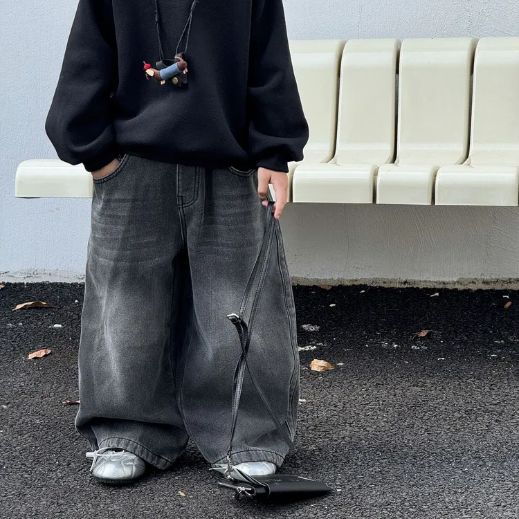 男童加绒裤子冬季2025新款男孩长裤保暖儿童美式加厚直筒牛仔裤潮