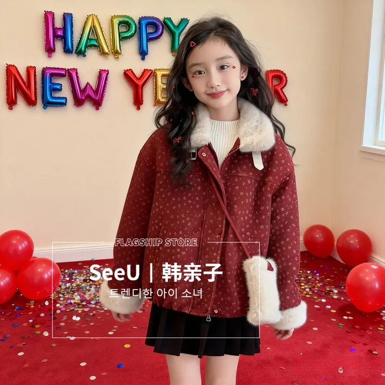 女童呢子外套2025冬季新款女孩洋气时髦儿童气质加厚红色拜年服