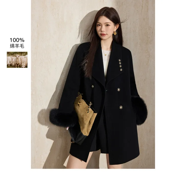 蓝语大码黑色气质双排扣狐狸毛羊毛大衣2025冬季新款收腰毛呢外套