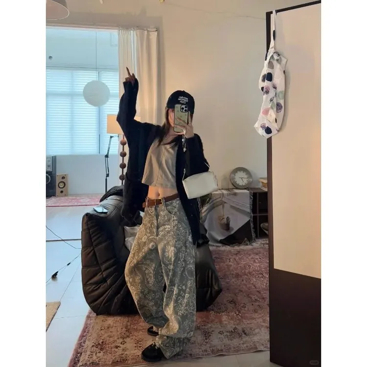 复古腰果花印花做旧工艺阔腿牛仔裤男显瘦直筒休闲帅气中性长裤潮