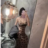 DUOMI【罗曼蒂克】豹纹蕾丝边细吊带连衣裙LYQ13412