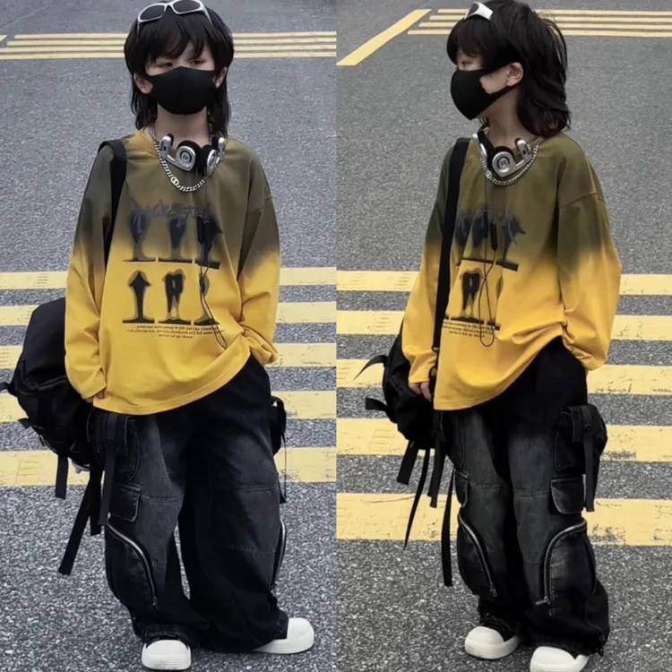乐乐家儿童新款秋款复古印花百搭街头潮酷嘻哈长袖宽松百搭上衣