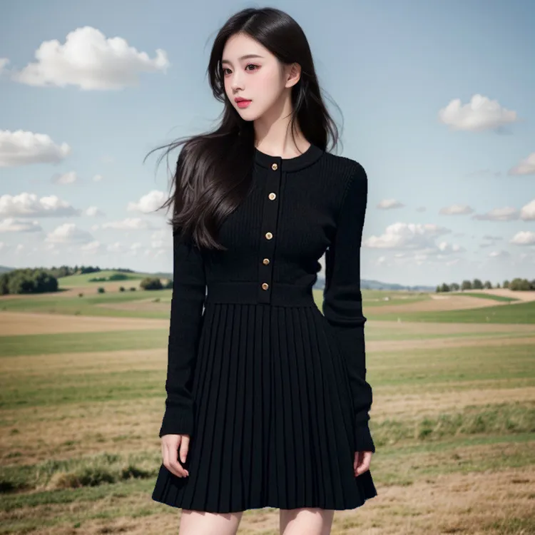 黑色针织连衣裙秋装女2025新款收腰显瘦法式设计感单排扣百褶短裙