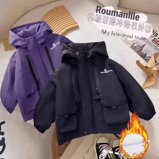 男童外套春秋冬二棉冲锋衣秋装儿童薄款上衣小童连帽风衣加绒冬款