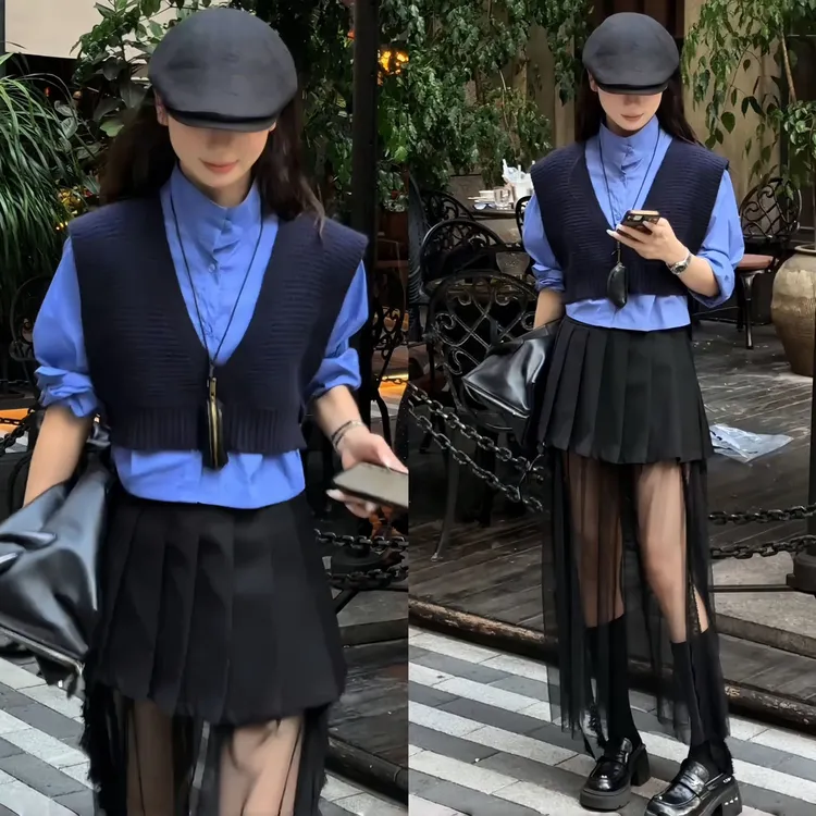 2025秋冬新款时尚舒适百搭真两件针织拼短衬衫宽松百褶长纱裙套装