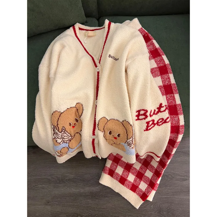 韩版卡通小熊针织半边绒睡衣女秋冬新款加厚保暖家居服套装可外穿
