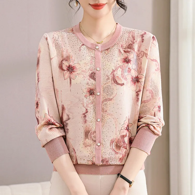 时尚中老年女装碎花长袖小衫妈妈针织弹力女士薄款小衫宽松洋气