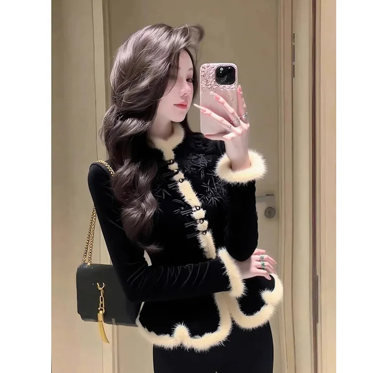 新中式黑色加绒衬衫女冬季高级感时髦洋气减龄保暖厚毛绒国风上衣