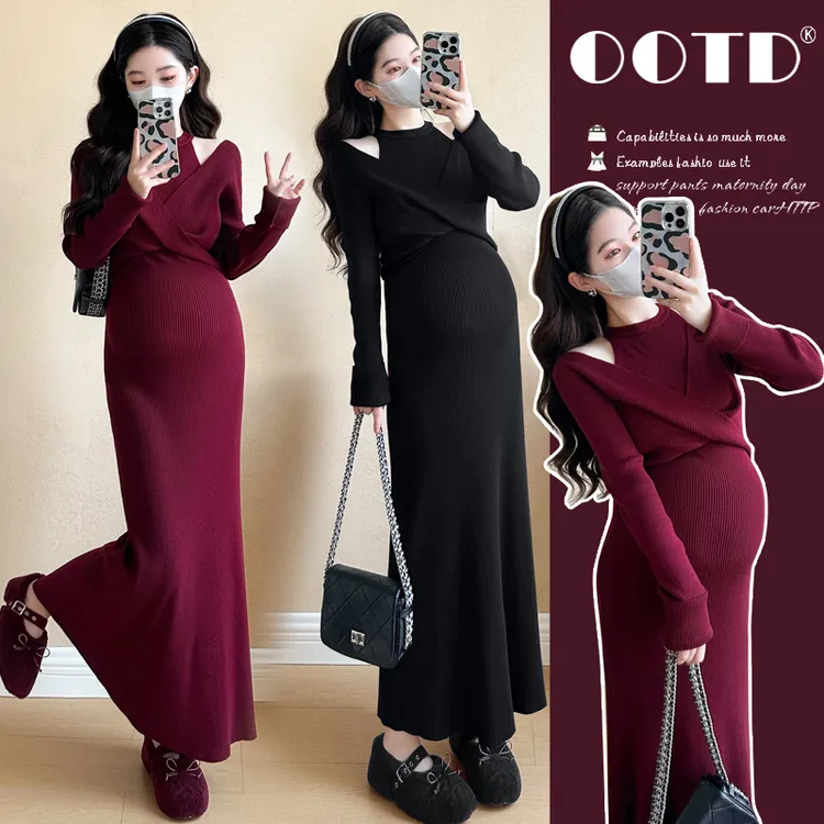 孕妇装连衣裙秋冬时尚加厚设计感气质甜美显瘦减龄红色针织连衣裙