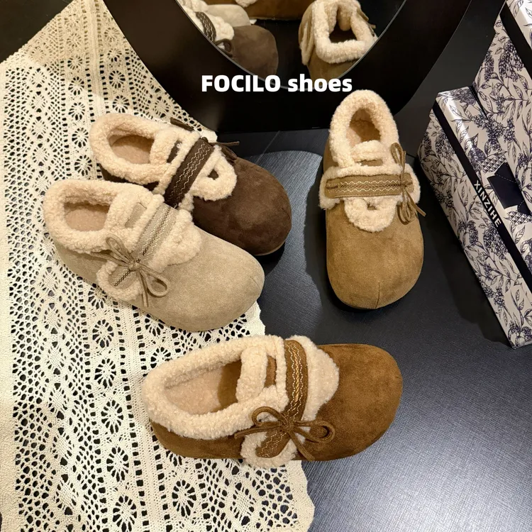 蝴蝶结刺绣勃肯鞋加绒内增高2025新款秋冬厚底全包毛毛棉鞋女鞋