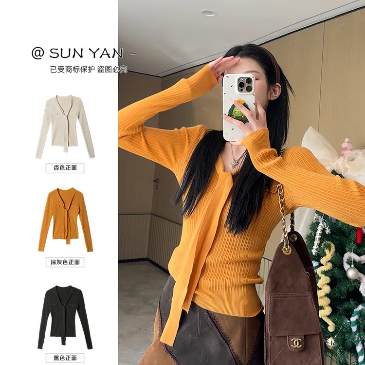孙妍【香风美学】休闲时尚假口袋系带针织上衣女冬季2025新款