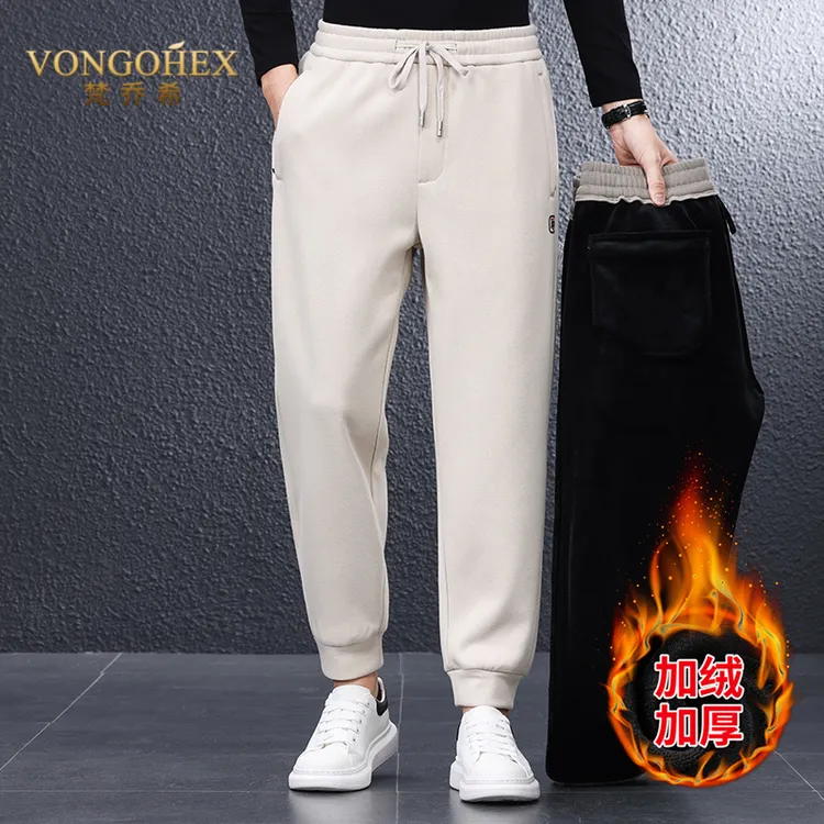 VONGOHEX加绒加厚束脚休闲裤男士冬季运动裤松紧腰卫裤宽松长裤子
