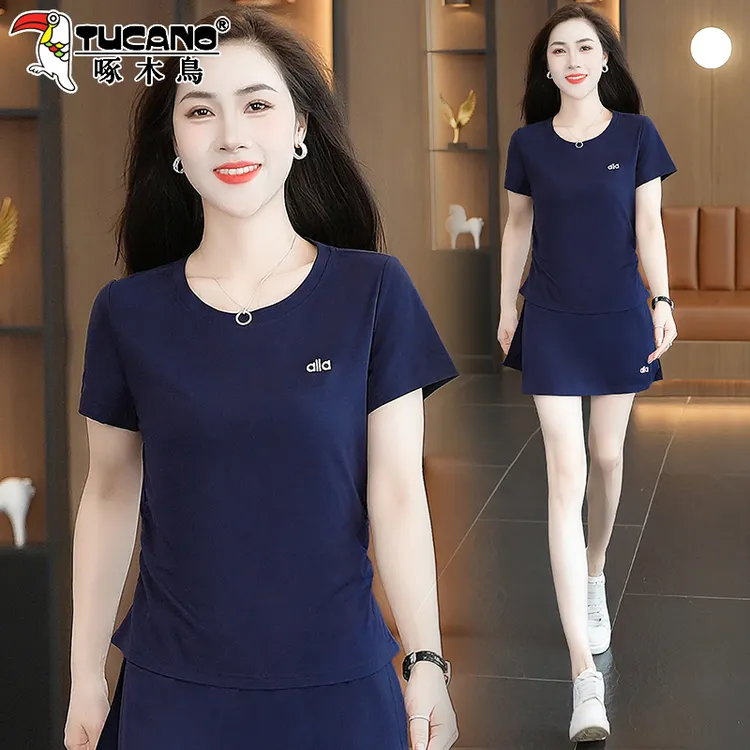 啄木鸟跑步短裤运动套装女夏薄款2025新款冰丝短袖裙裤休闲两件套