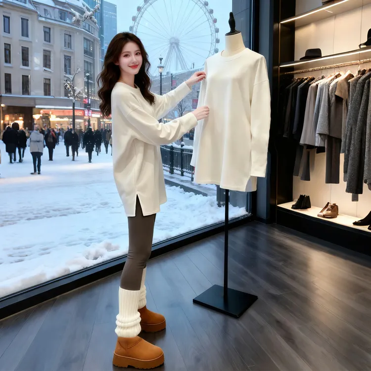 白色德绒长袖打底衫女秋冬卫衣内搭宽松遮屁股中长款t恤女上衣潮