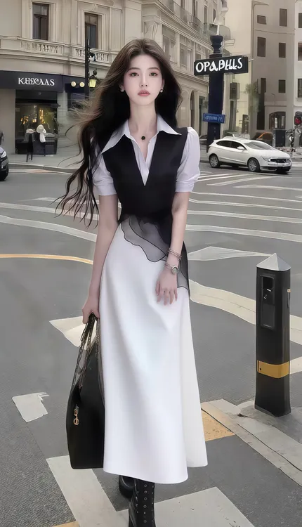 设计感黑白色衬衫领短袖修身收腰包臀不规则长裙两件套女显瘦女装