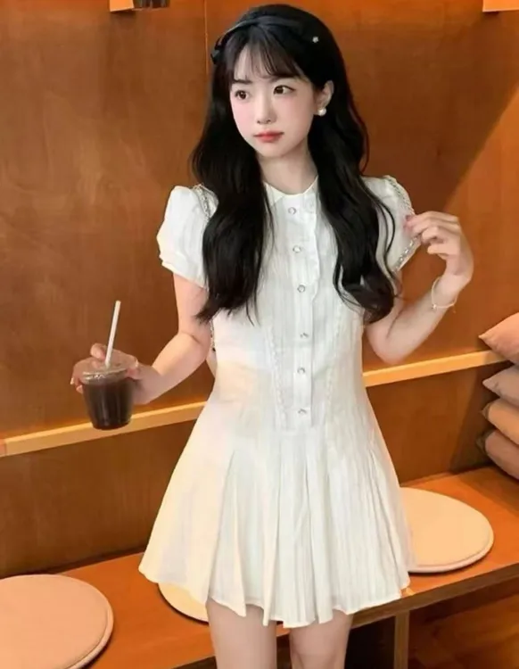 夏季小众等你下课系列黑白学院风连衣裙a字裙短袖衬衫裙通勤学院