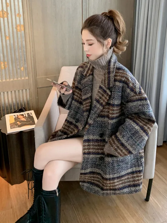 流行新款西装外套女秋冬2025宽松小个子格子粗花呢中长款加厚毛呢