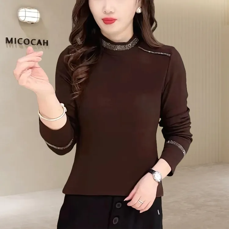 减龄半高领烫钻长袖打底衫女2025秋冬新款气质百搭时尚显瘦女上衣