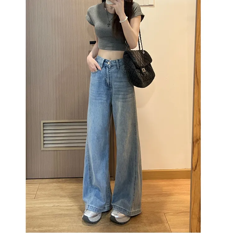 女款夏季牛仔裤夏款高腰显瘦垂感宽松拖地裤牛仔裤女装裤子休闲裤