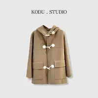 【双12大促刻度KODU】 01-B5222百搭双口袋设计连帽牛角扣毛呢外套