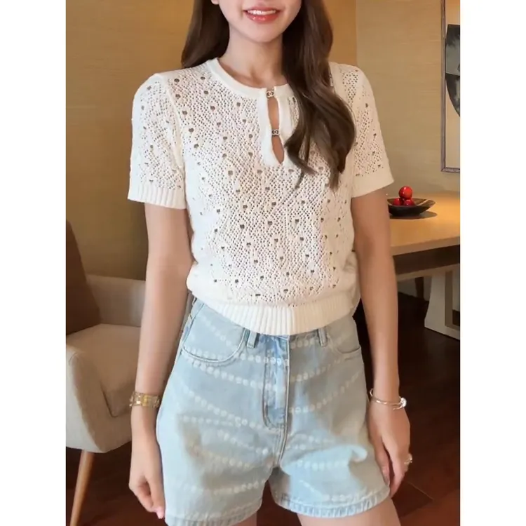 白色钩花镂空短袖针织衫女夏季宽松t恤2025新款韩系显瘦短款上衣