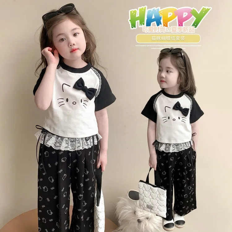 2025新款女童韩系猫咪短袖夏款套装儿童洋气衣服宝宝两件套夏装潮