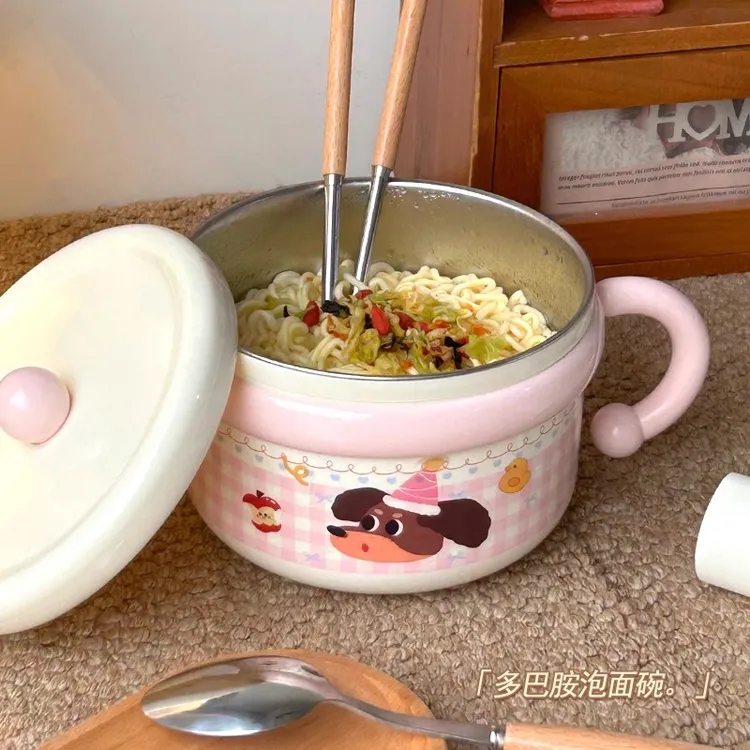 不锈钢泡面碗带盖手柄上学高颜值儿童小学生宿舍饭碗饭盒个人专用