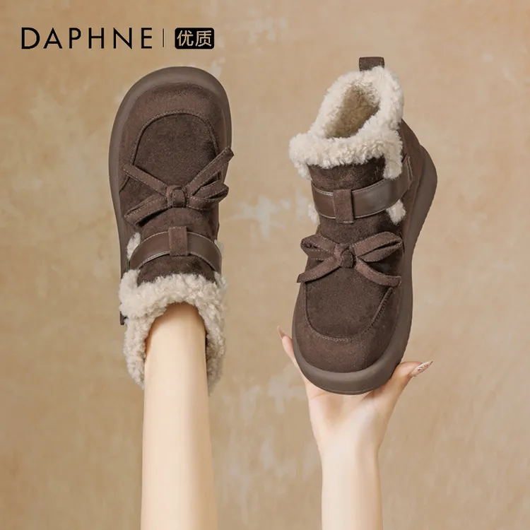 达芙妮2025秋冬新款复古雪地靴女加绒加厚短筒棉鞋蝴蝶结短靴子KQ