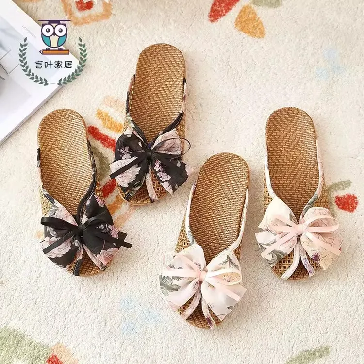 蝴蝶结夏天亚麻拖鞋夏季女款包头凉席设计居家轻便家居厚底清凉