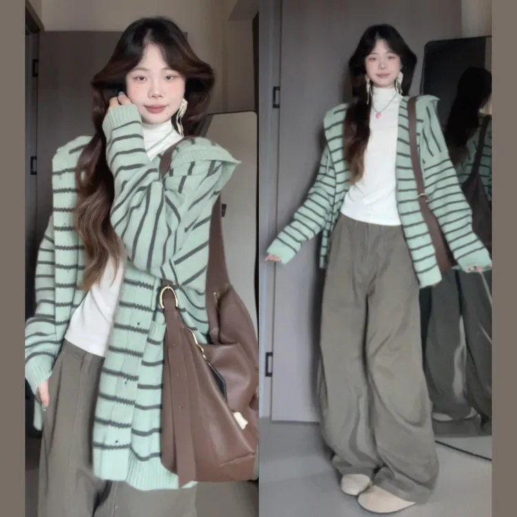 条纹连帽针织开衫女秋冬穿搭慵懒风软糯毛衣拉链外套宽松休闲上衣