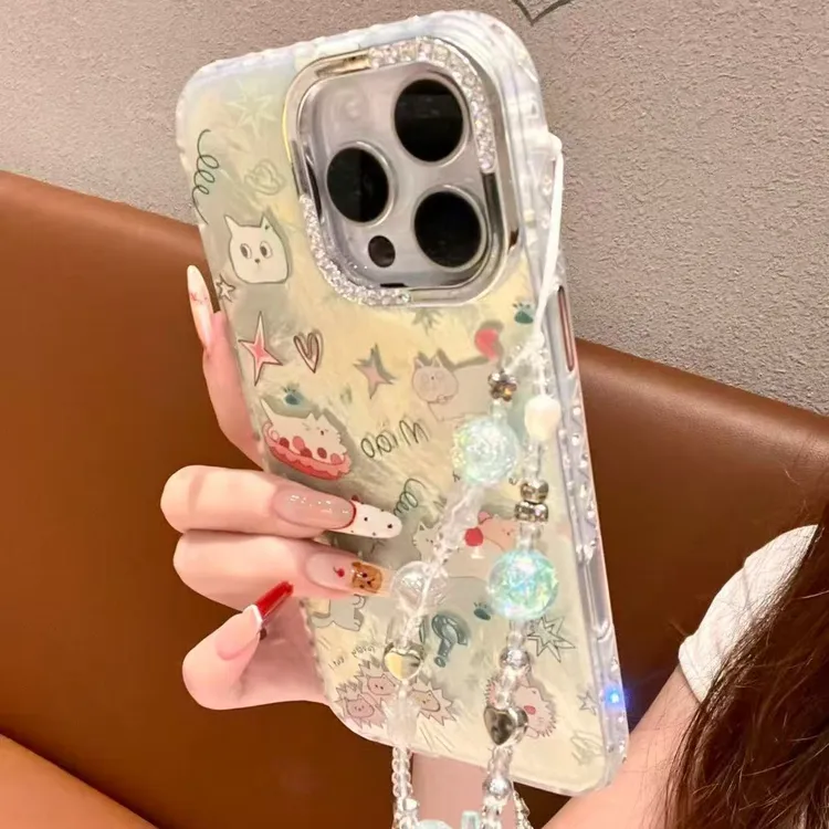 [闪钻边框]可爱面包小猫手机壳适用苹果17promax/16pro/15保护壳