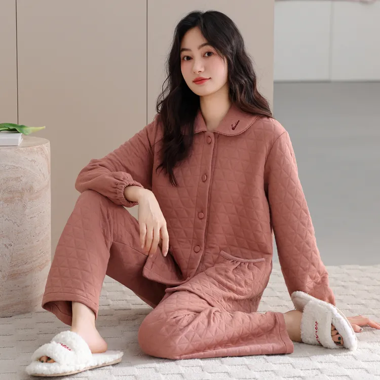 浪莎冬天厚款夹棉保暖家居服 睡衣女秋冬加厚纯棉长袖空气棉夹层