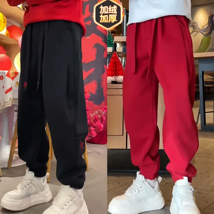 马年新款刺绣拼接加绒束脚休闲裤男冬季重磅亲肤保暖运动哈伦卫裤