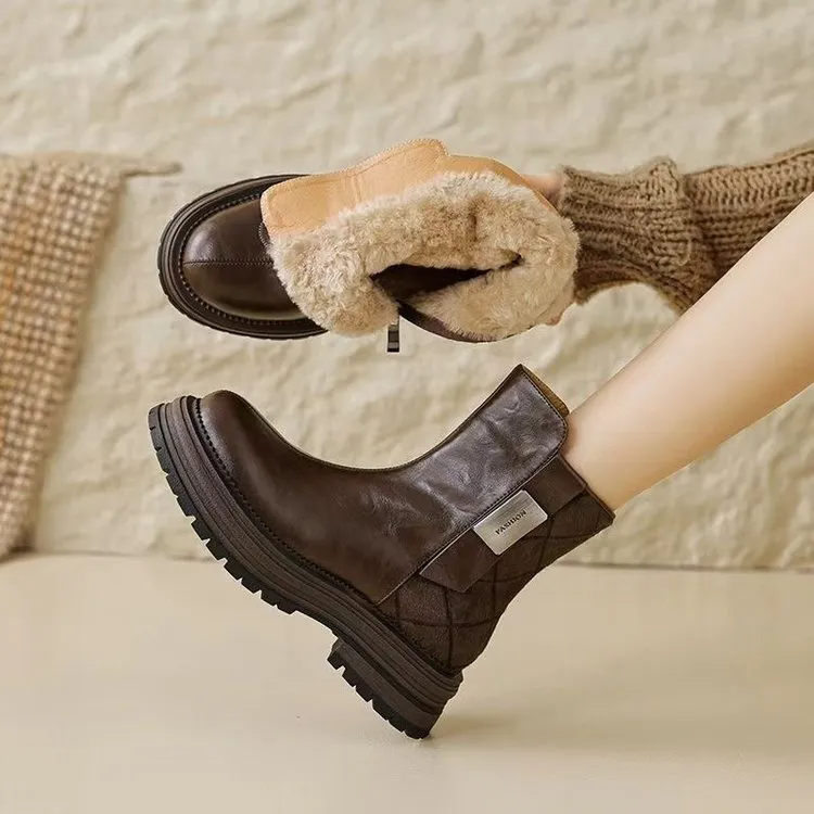 厚底靴秋冬英伦风靴子女加厚雪地靴女松糕底马丁靴冬季加绒真皮